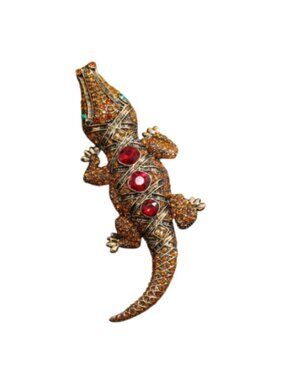 Large 5.5" Alligator Brooch Fall Colored Rhinestones Gold Tone